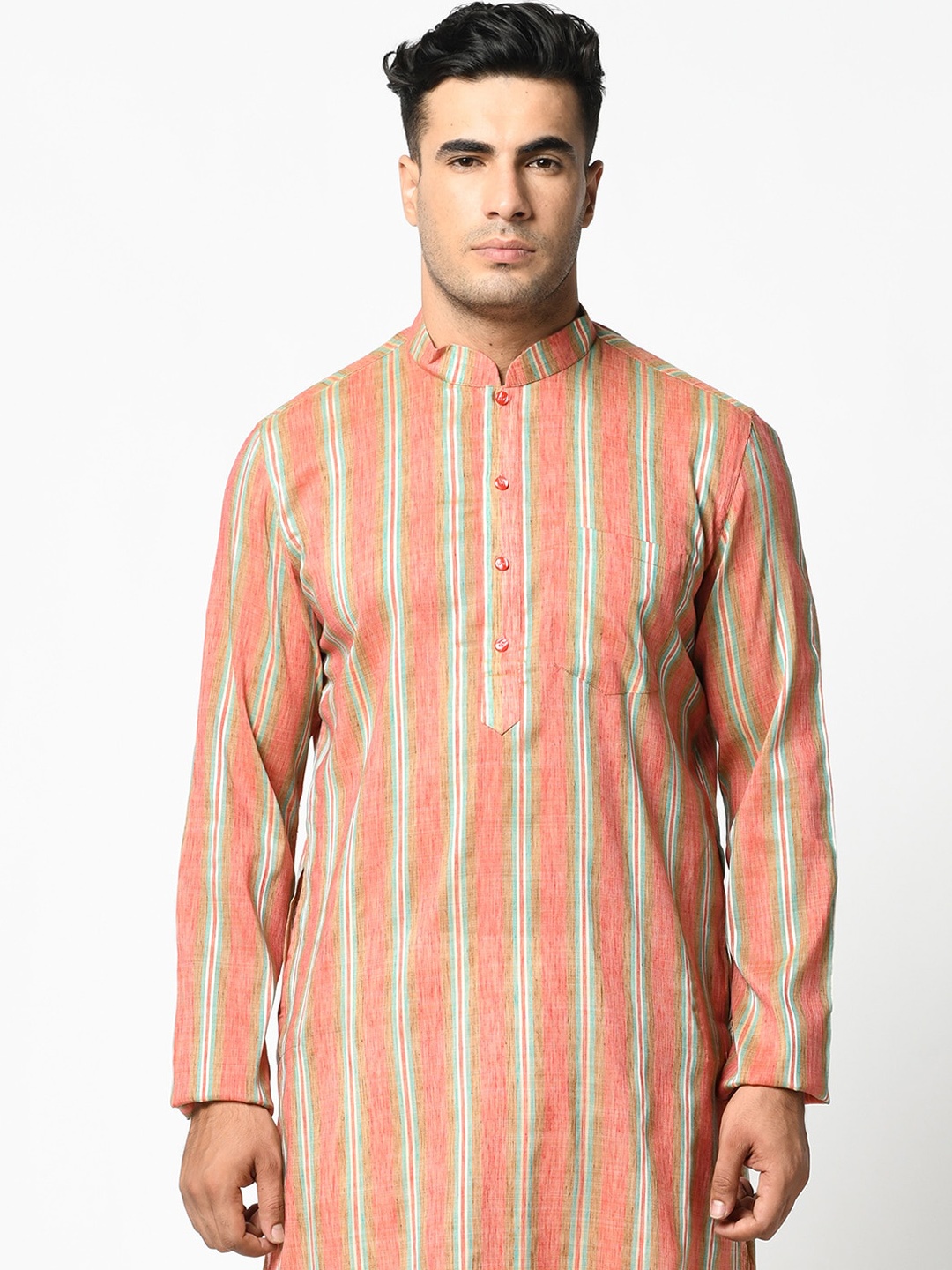 

LAMAAYA Men Pink & Off-White Striped Kurta with Pyjamas