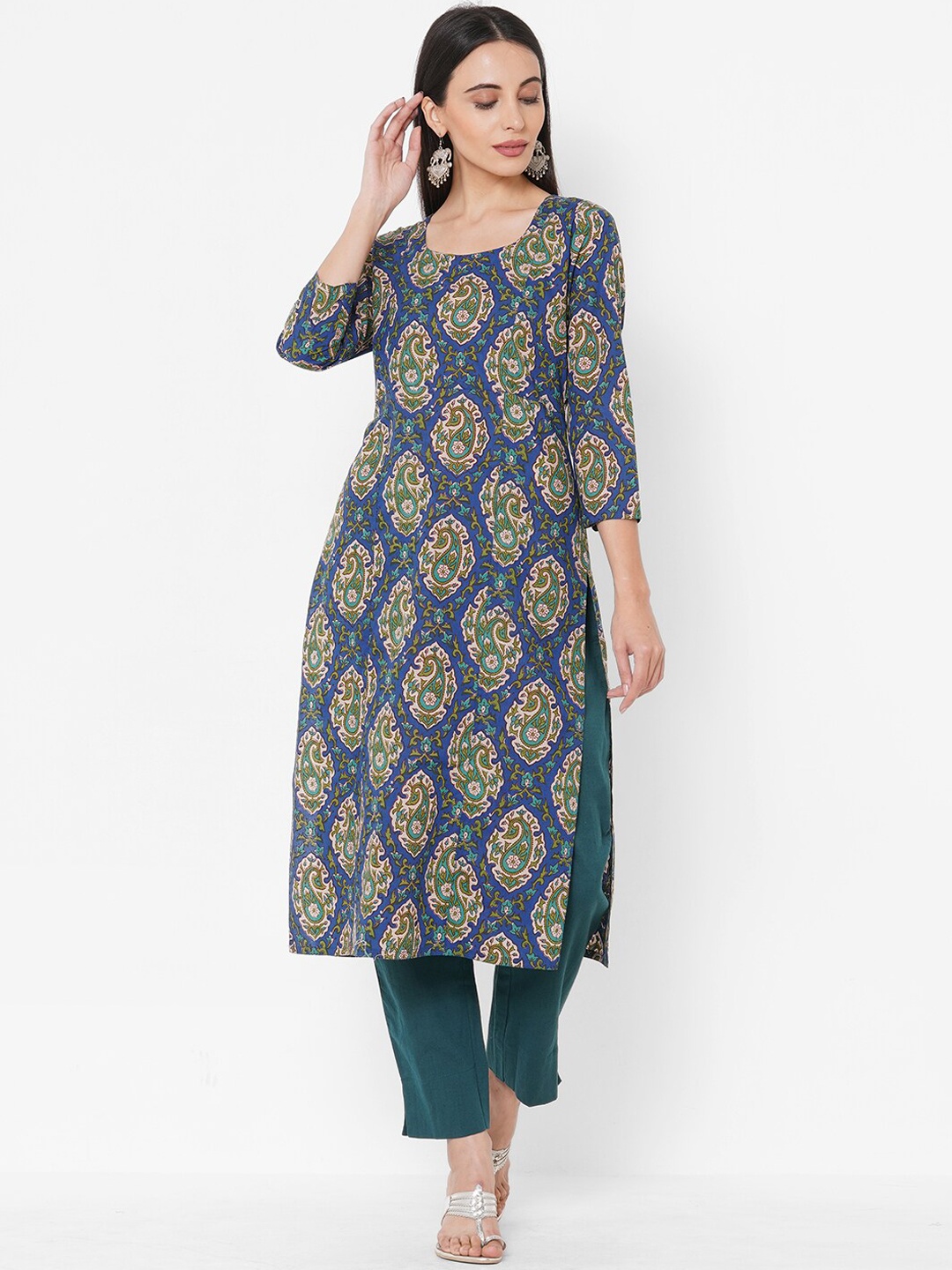 

FASHOR Women Blue & Green Ethnic Motifs Block Printed Kurta