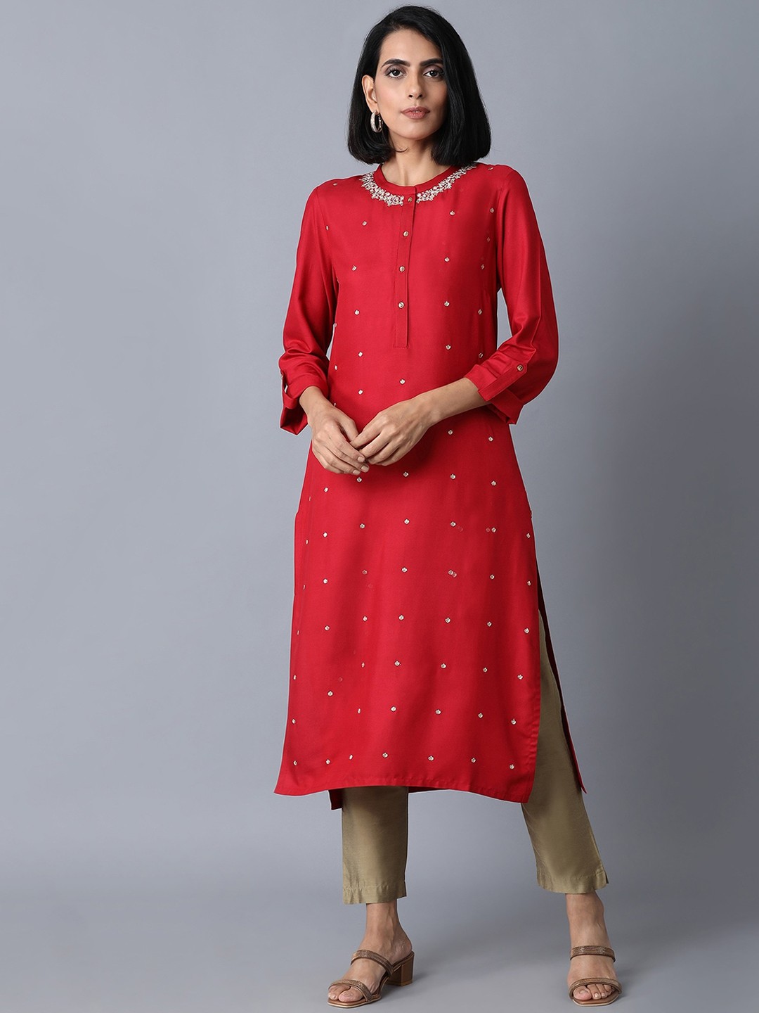 

W Women Red Embroidered Straight Kurta
