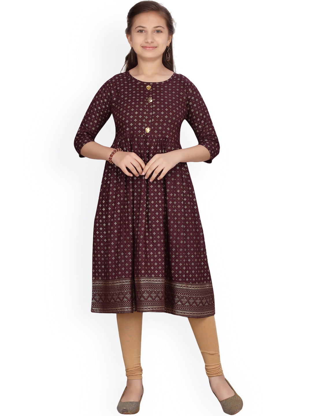 

Aarika Girls Burgundy Ethnic Motifs Striped Anarkali Kurta