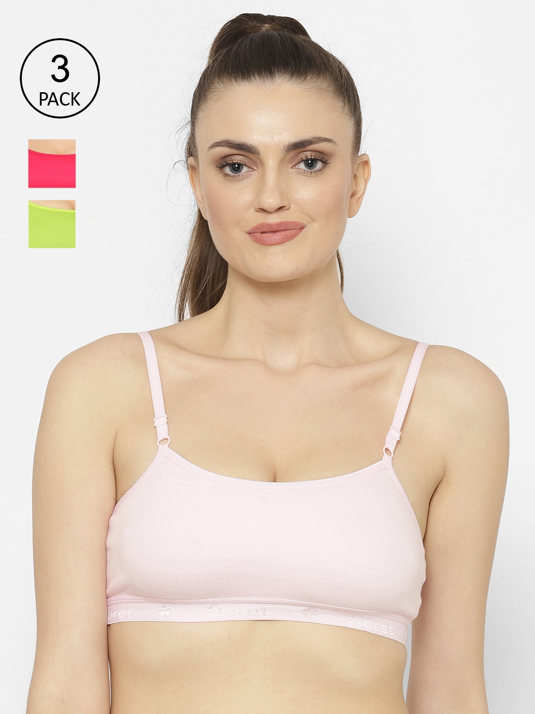 Floret Magenta & Lime Green Solid Set of 3 Workout Bra 1492_Magenta-Pink-Lime Green