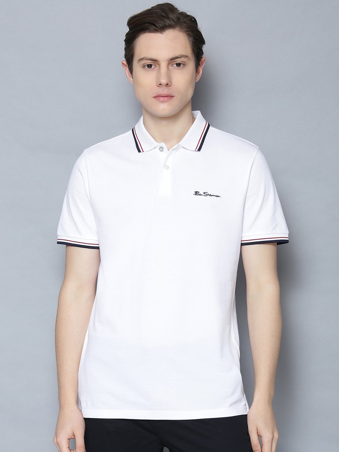 

BEN SHERMAN Men White Solid Polo Collar T-shirt