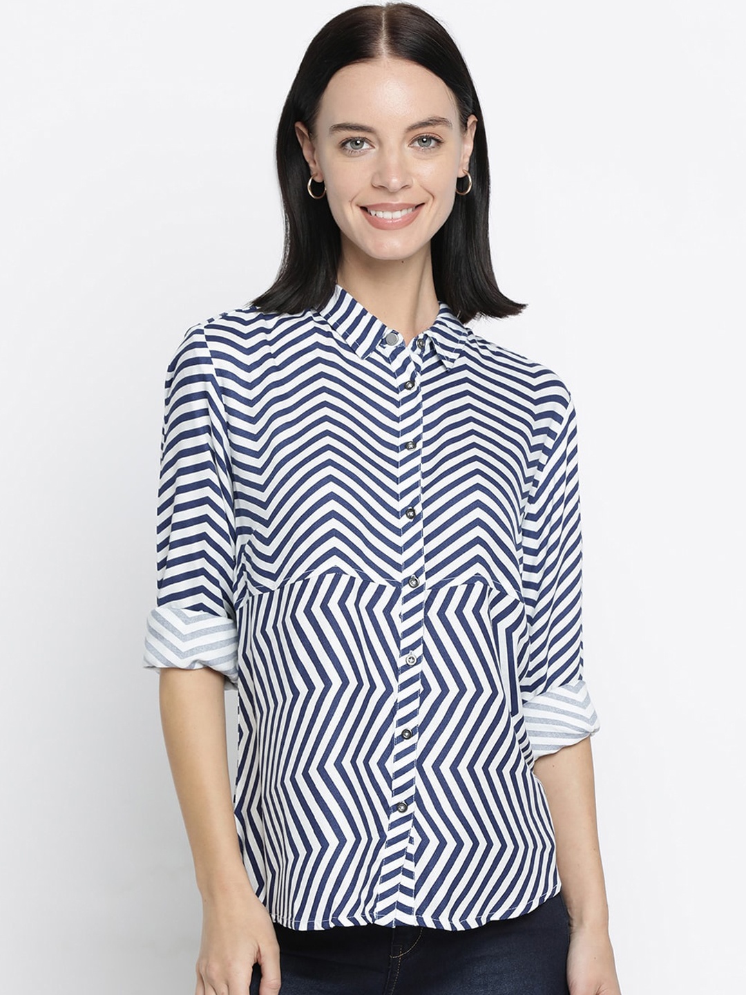 

Pepe Jeans Women Navy Blue Regular Fit Striped Casual Shirt