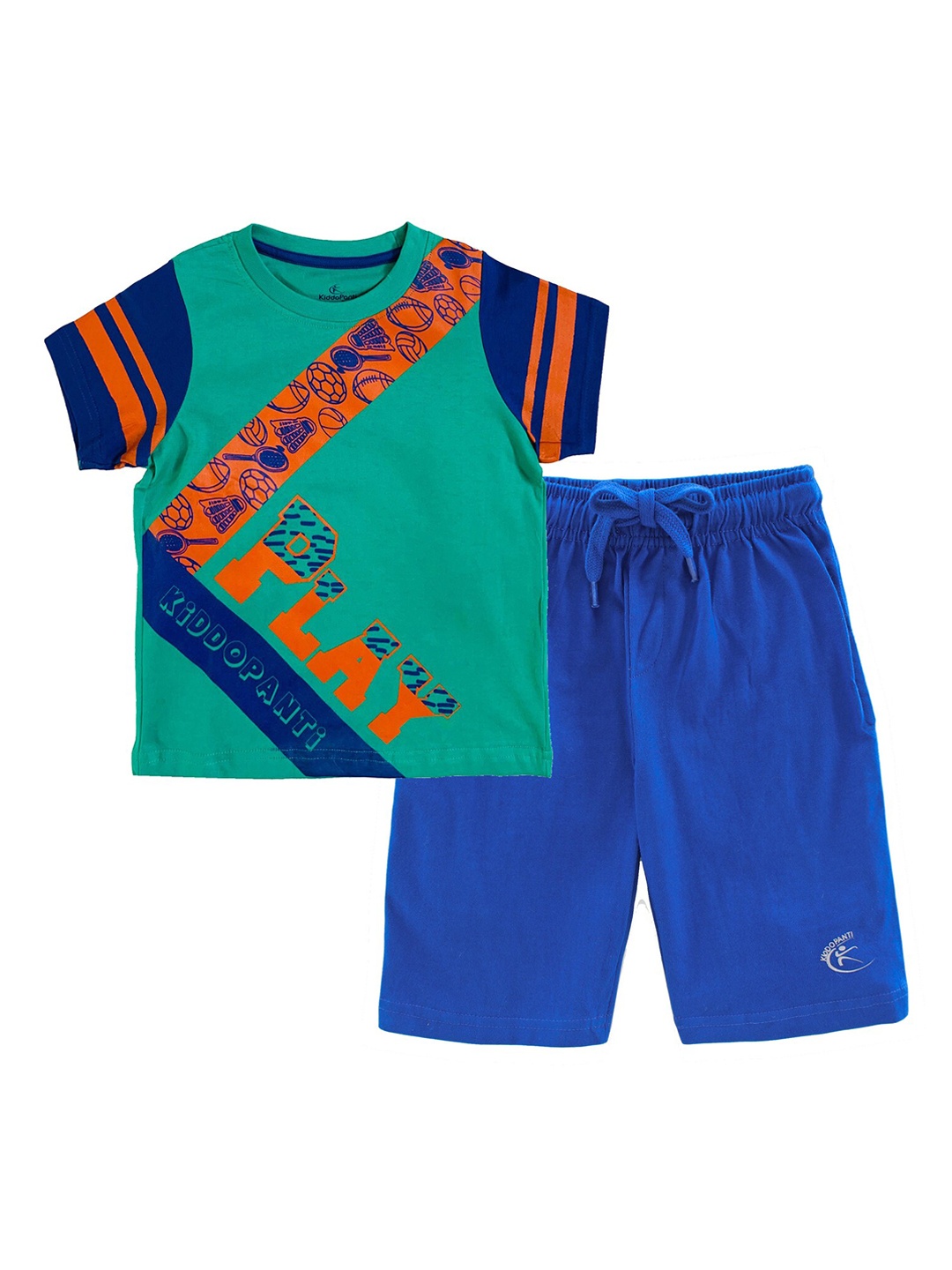 

KiddoPanti Boys Green & Blue Pure Cotton Printed T-shirt with Shorts