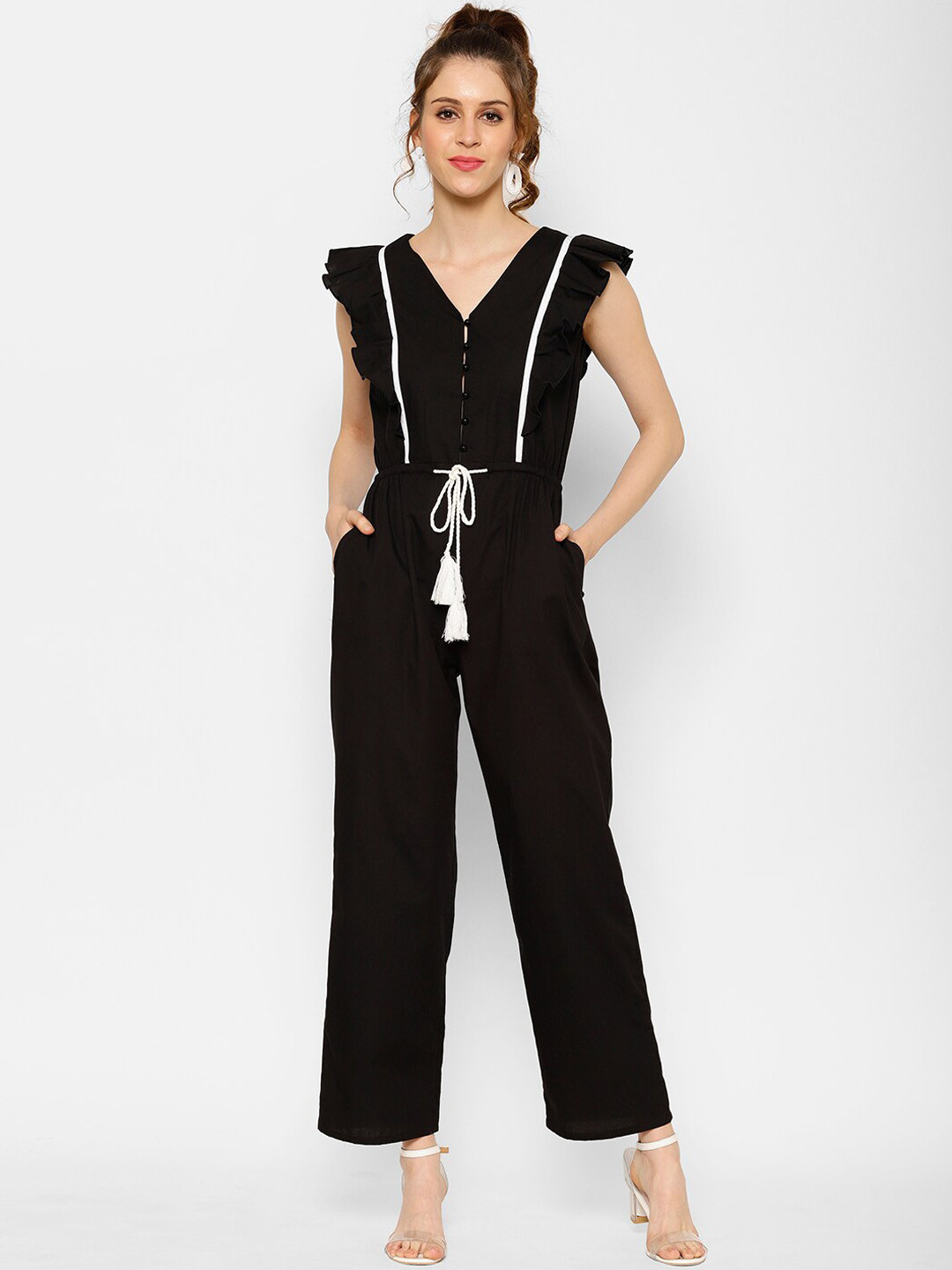 

KASSUALLY Women Black Solid Cotton Basic Jumpsuit