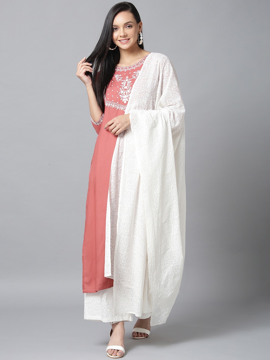 

Yufta Women Pink & White Yoke Design Kurta with Palazzos & Dupatta