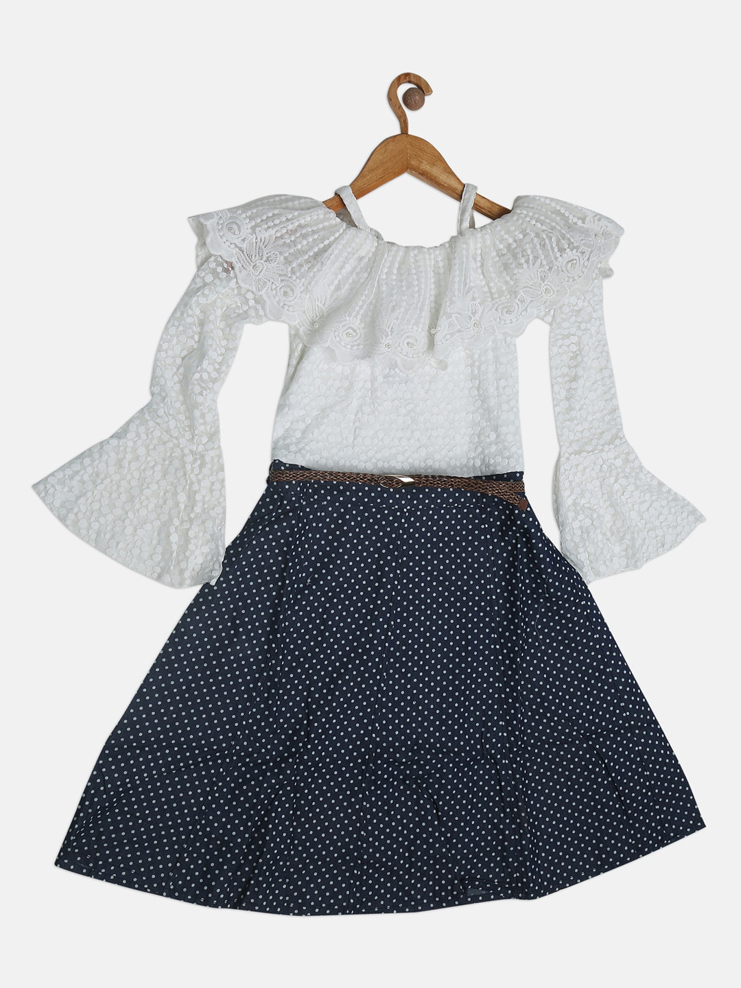 

Peppermint Girls White & Navy Blue Self Design Fit and Flare Dress