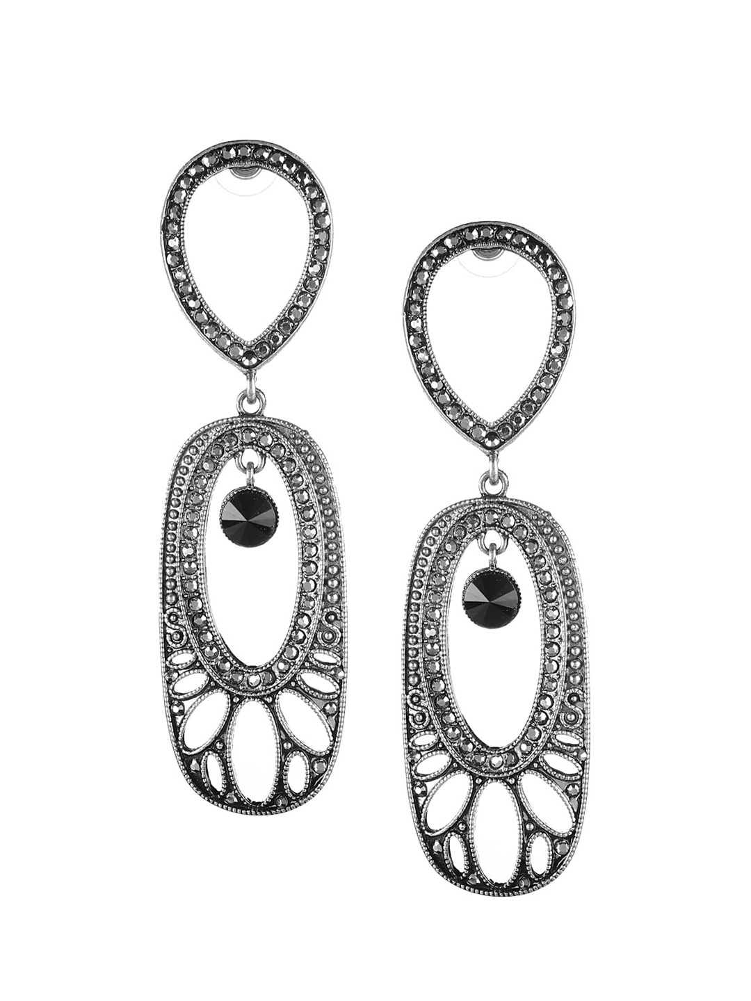 

Mali Fionna Silver-Toned & Black Circular Drop Earrings