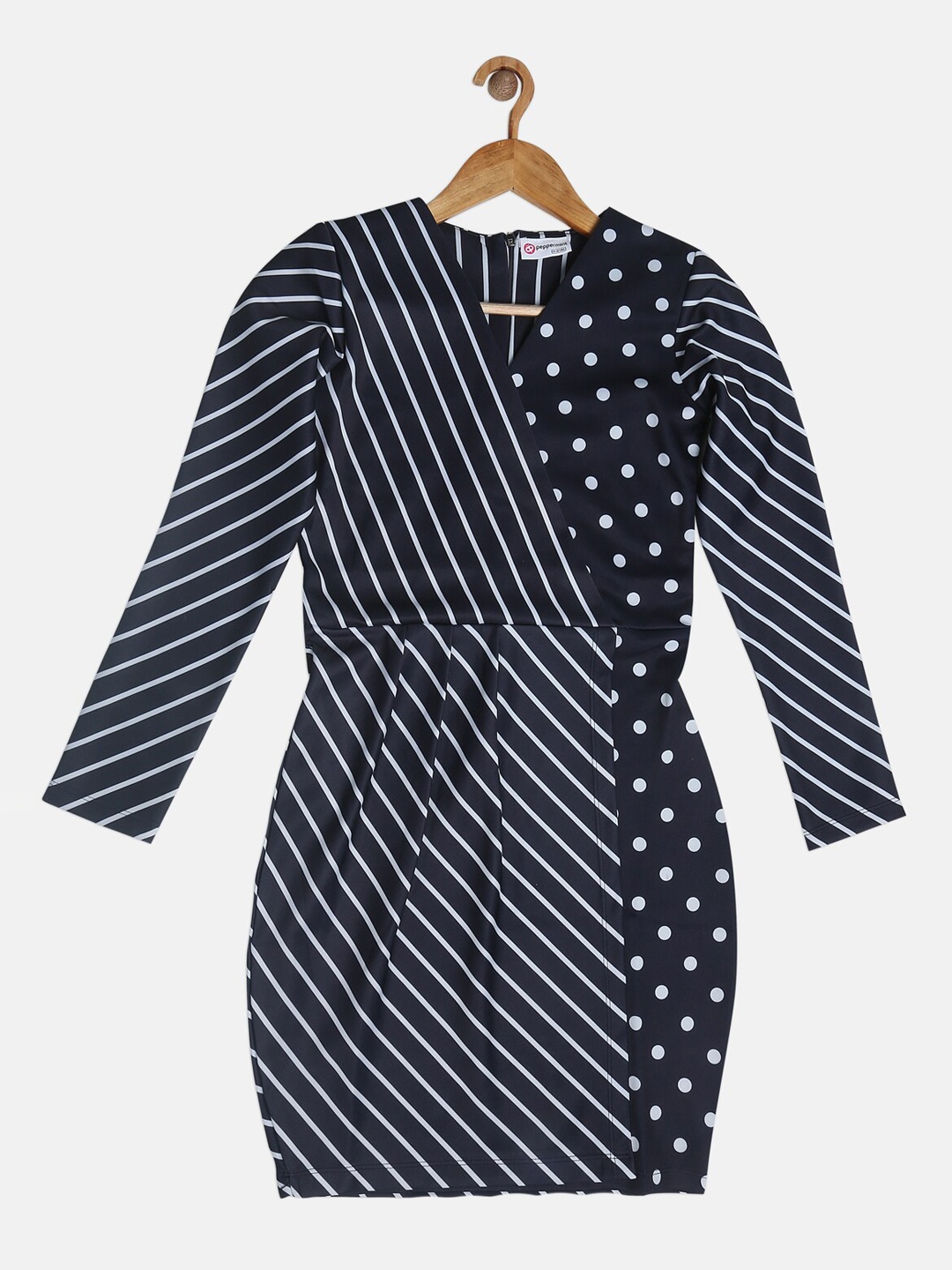 

Peppermint Girls Navy Blue Striped Wrap Dress