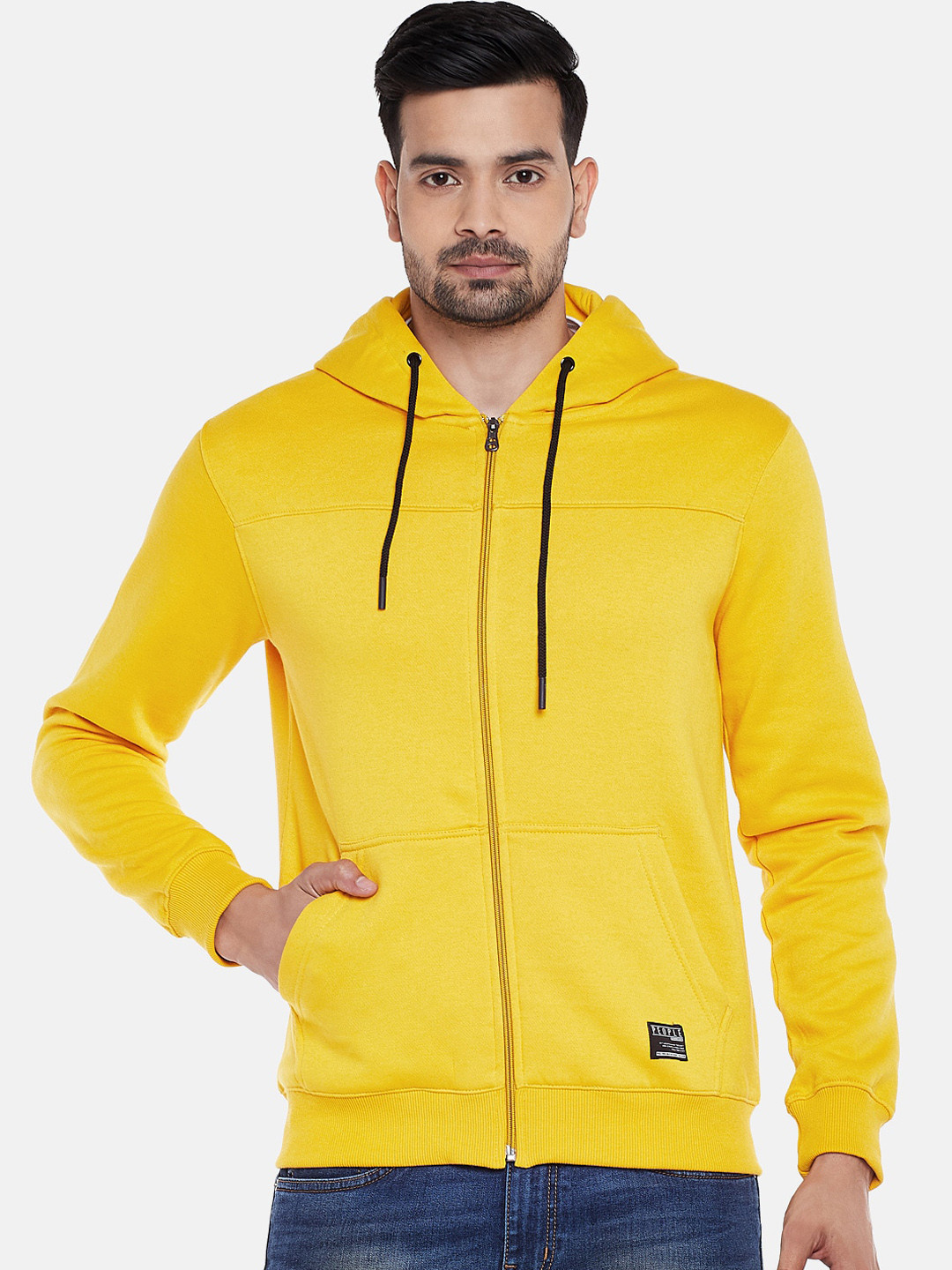

People Men Mustard Yellow Solid Hooded Sweatshirt