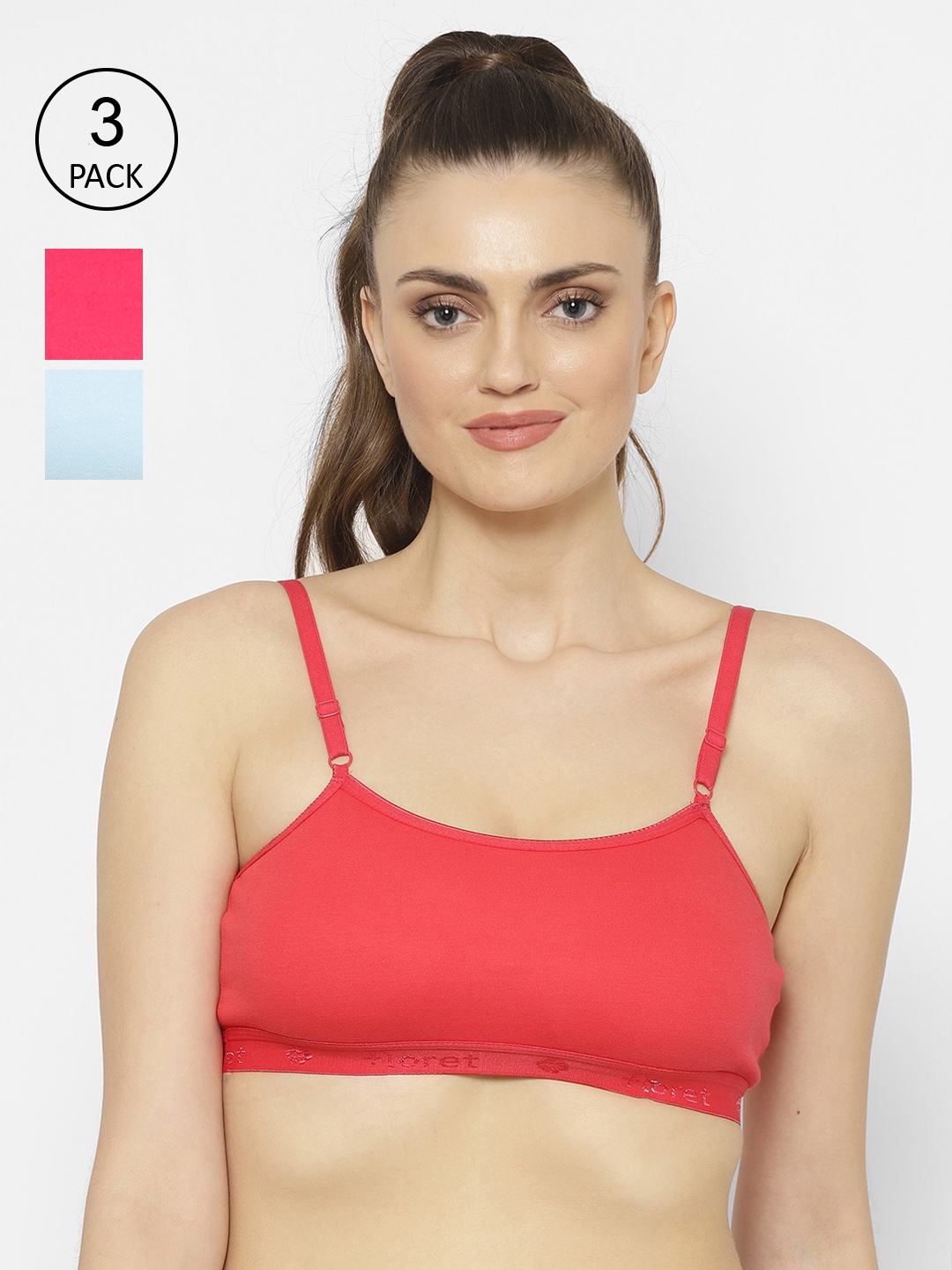 

Floret Magenta & Blue Solid Set of 3 Workout Bra 1492_Magenta-Tomato-Sky-Magenta