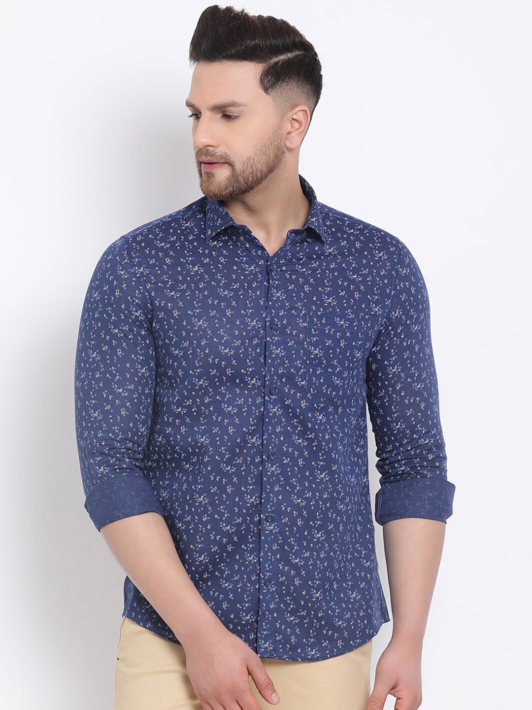 Turtle Men Navy Blue & Beige Slim Fit Printed Casual Shirt