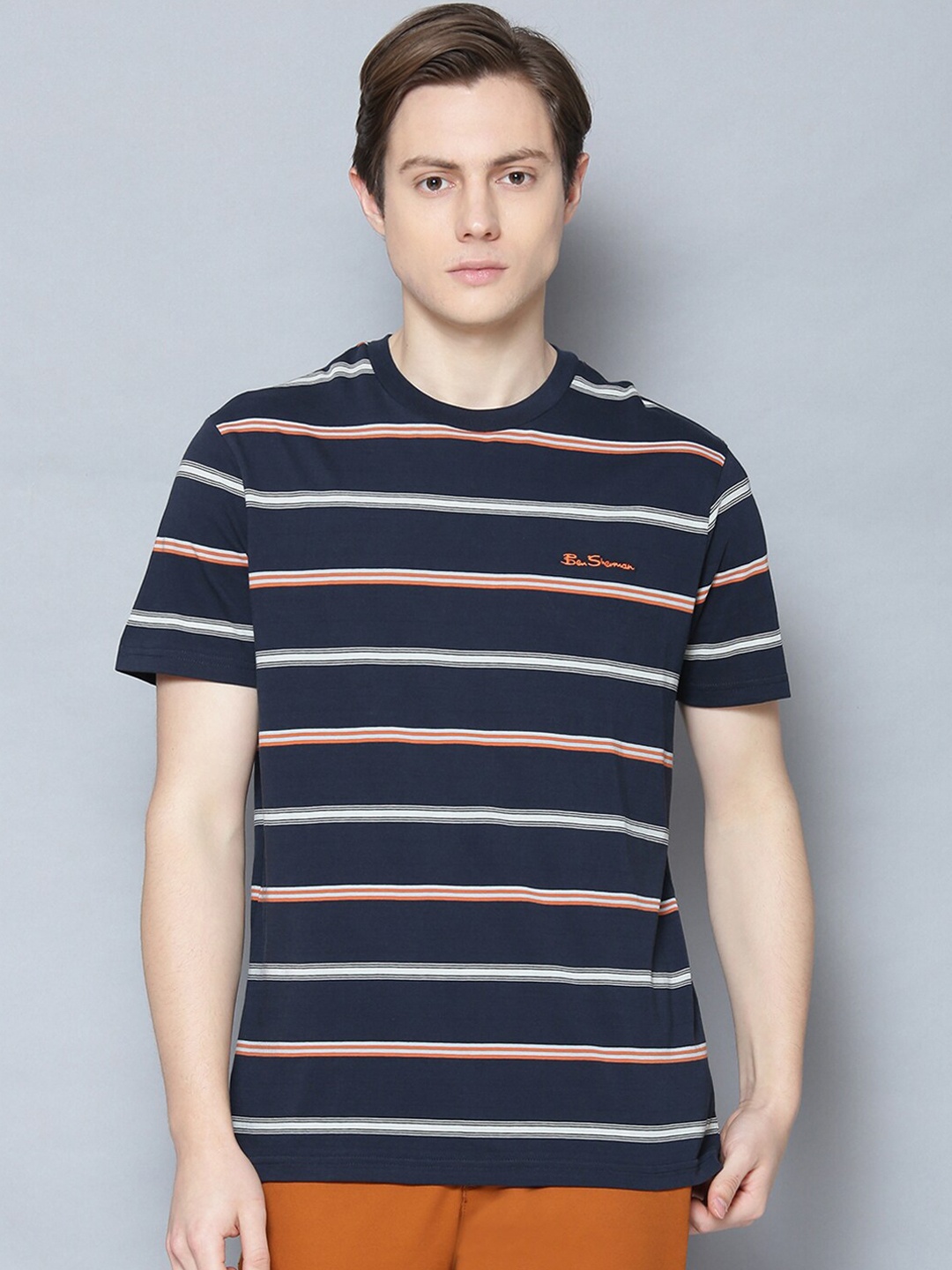 BEN SHERMAN Men Navy Blue Striped Round Neck Cotton Pure Cotton T-shirt
