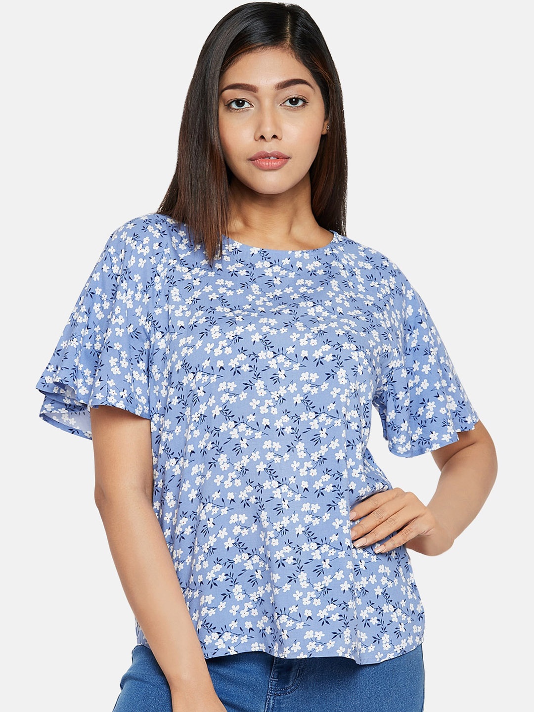 

People Blue Floral Printed Flared Sleeves Top
