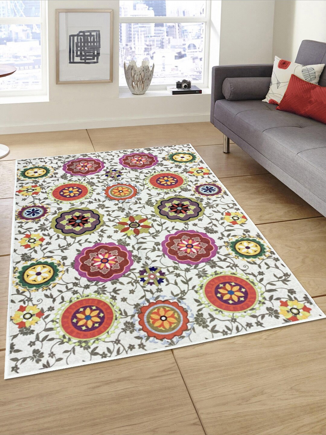 Status Green & Off-White Printed Heavy-Shaggy Anti-Skid Carpet