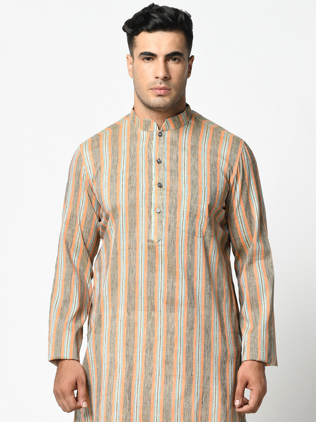 

LAMAAYA Men Grey & Off-White Striped Kurta with Pyjamas