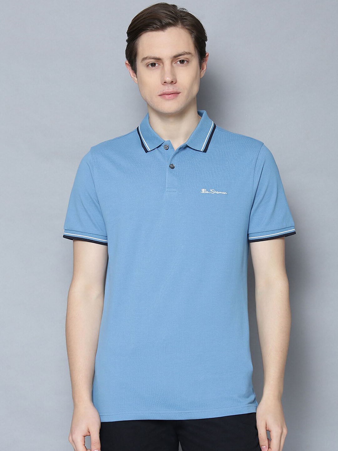 

BEN SHERMAN Men Blue Solid Organic Cotton Polo Collar Organic Cotton T-shirt