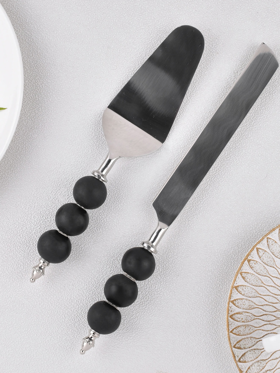 

Homesake Set of 2 Black & Silver Toned Stainless Steel Cake Server Set with Bead Handle