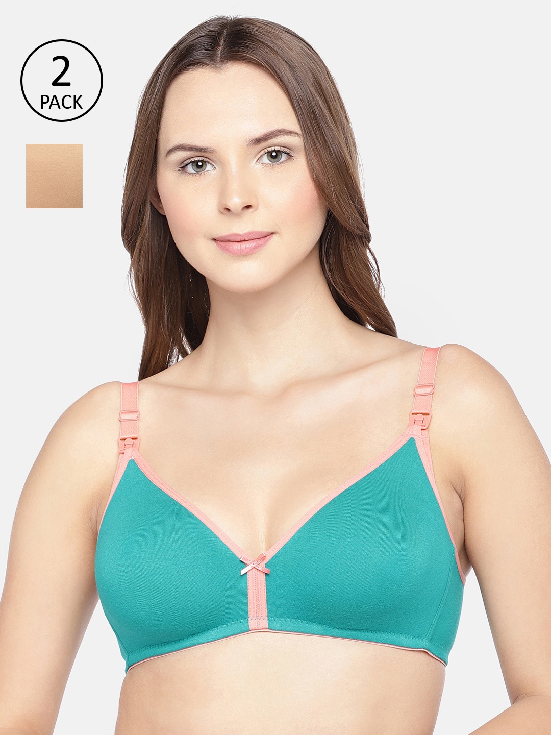 

Inner Sense Sea Green & Beige Solid Organic Cotton Maternity Bra Pack of 2 IMB006B_6E-