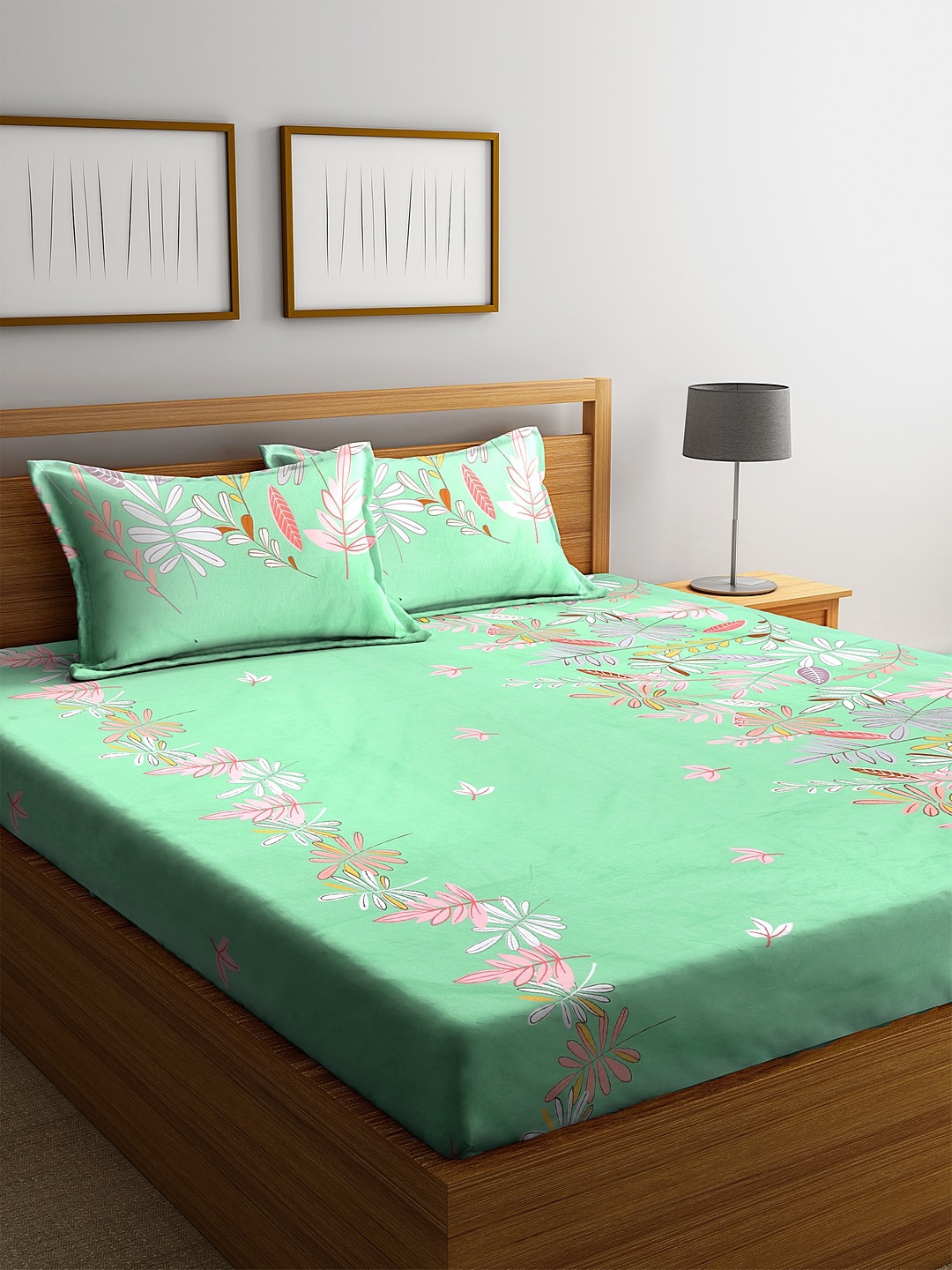 

KLOTTHE Sea Green & Pink Floral 210 TC Polycotton 1 King Bedsheet with 2 Pillow Covers
