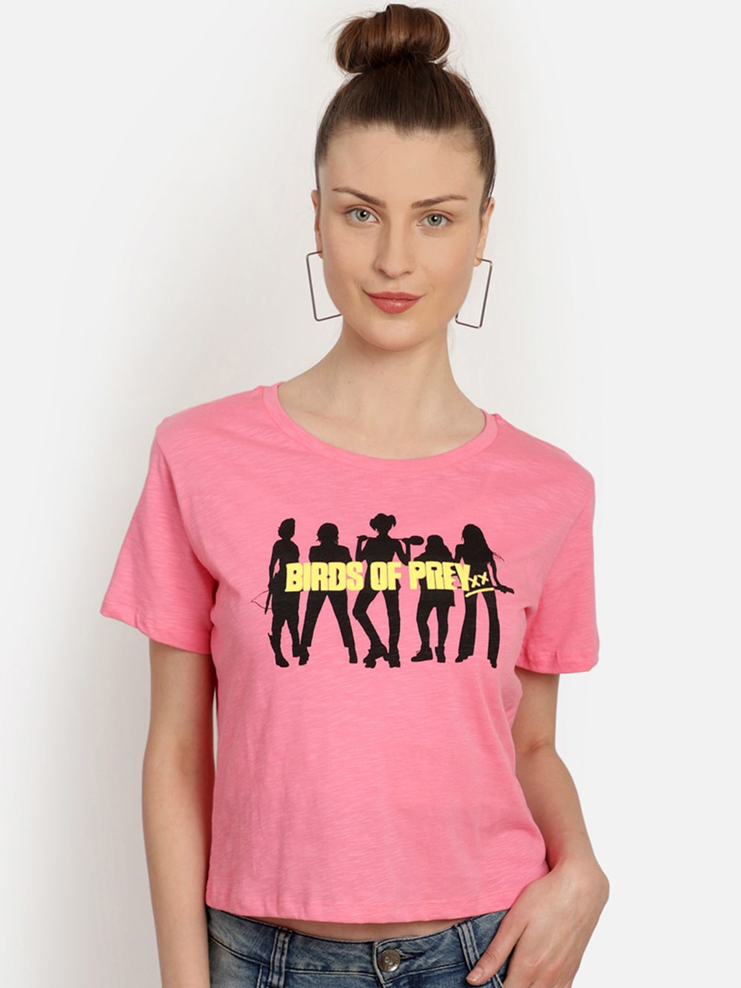

Free Authority Women Pink & Black Birds Of Prey Printed T-shirt