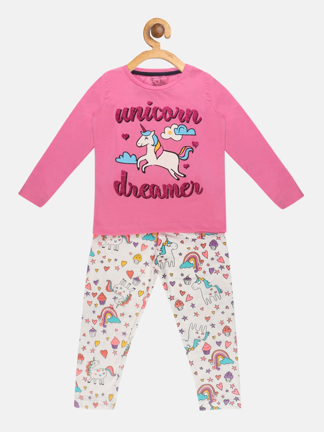 

Lazy Shark Girls Pink & White Printed Night Suit