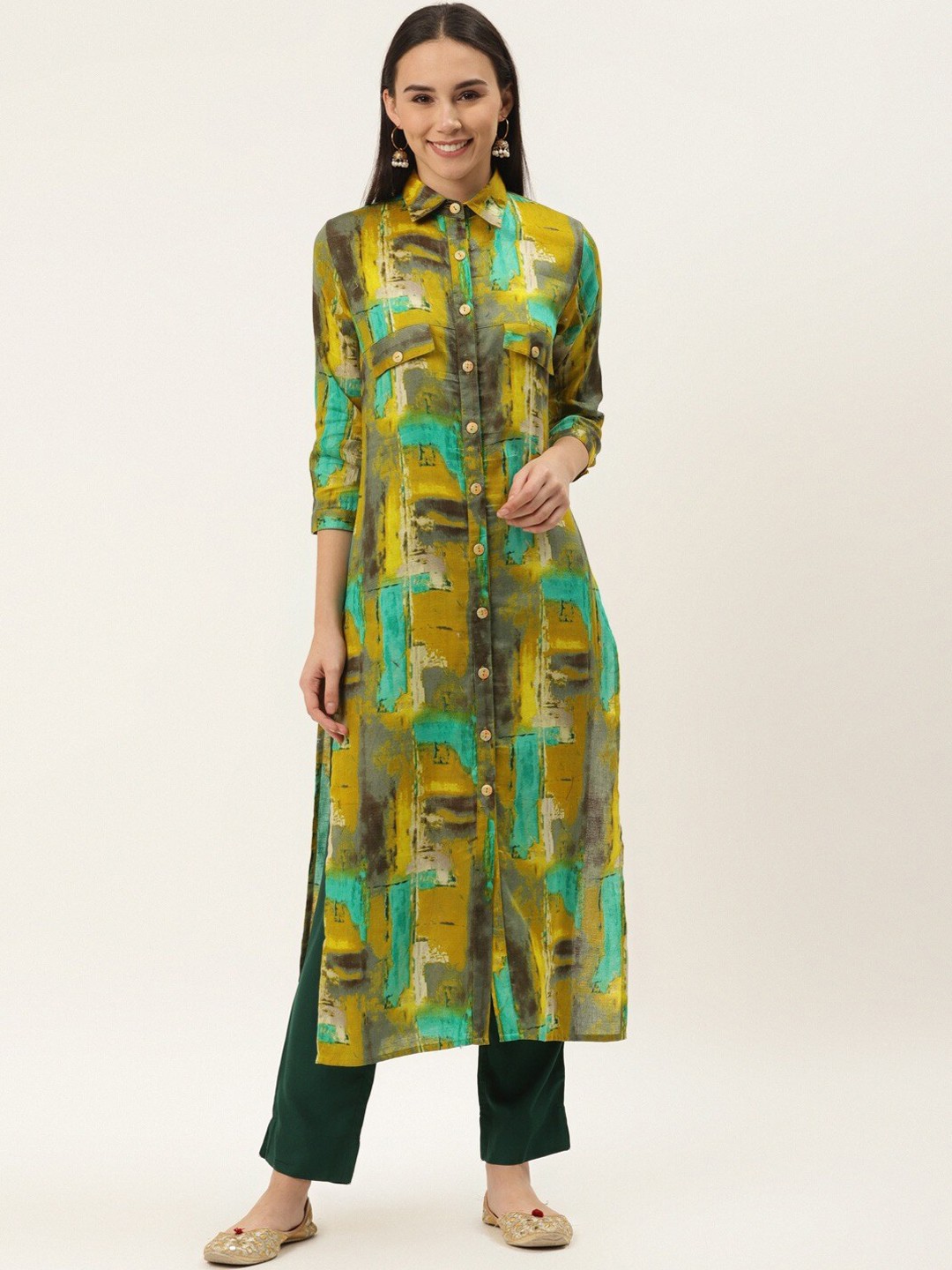 

Cottinfab Women Green Printed Kurta with Trousers