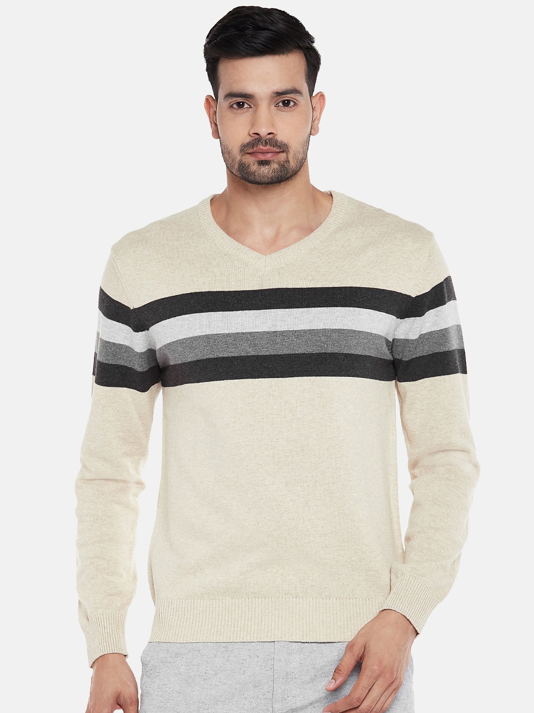 

BYFORD by Pantaloons Men Beige Striped Pullover Sweater