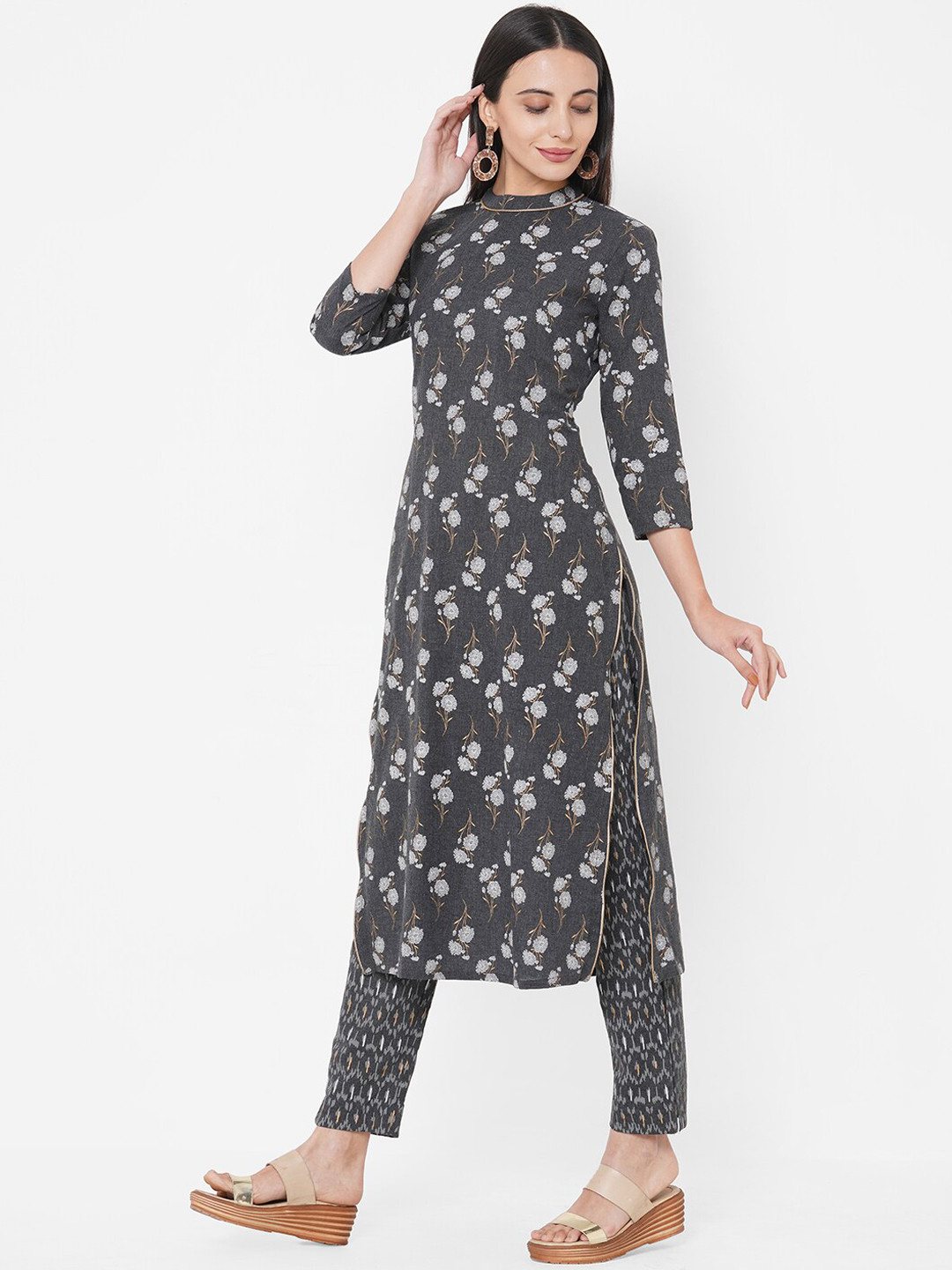 

FASHOR Women Grey Printed Kurta with Trousers