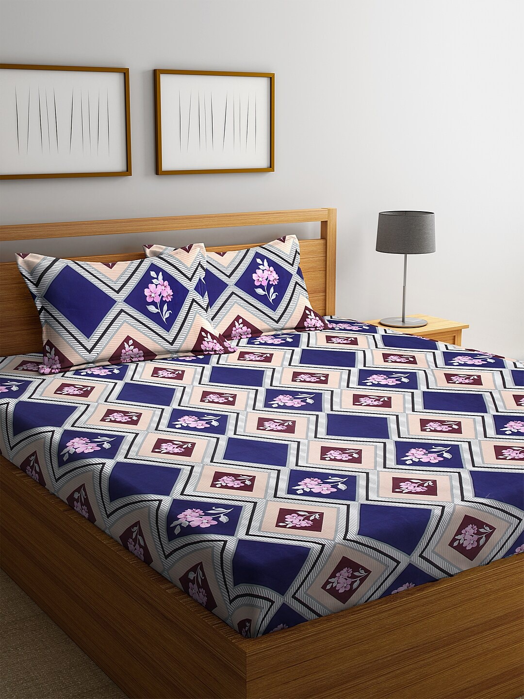 

KLOTTHE Blue & Beige Floral 210 TC Polycotton 1 King Bedsheet with 2 Pillow Covers