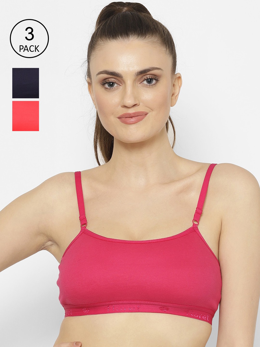 

Floret Navy Blue & Coral Solid Set of 3 Workout Bra 1492_N.Blue-Tomato-Magenta