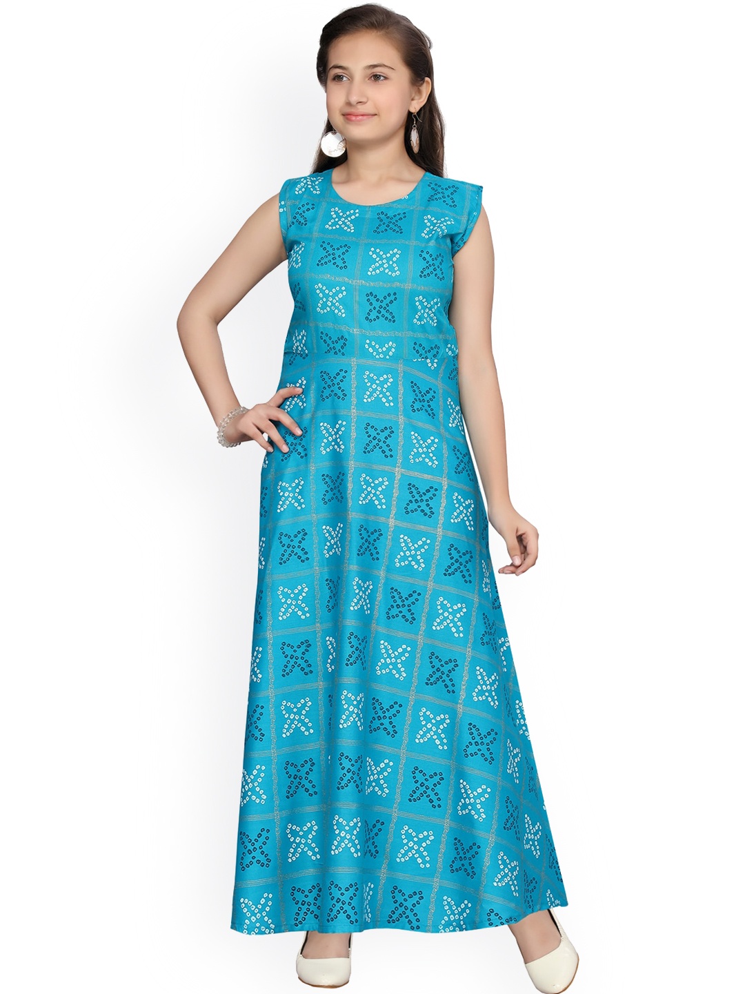 

Aarika Girls Turquoise Blue Printed Maxi Dress