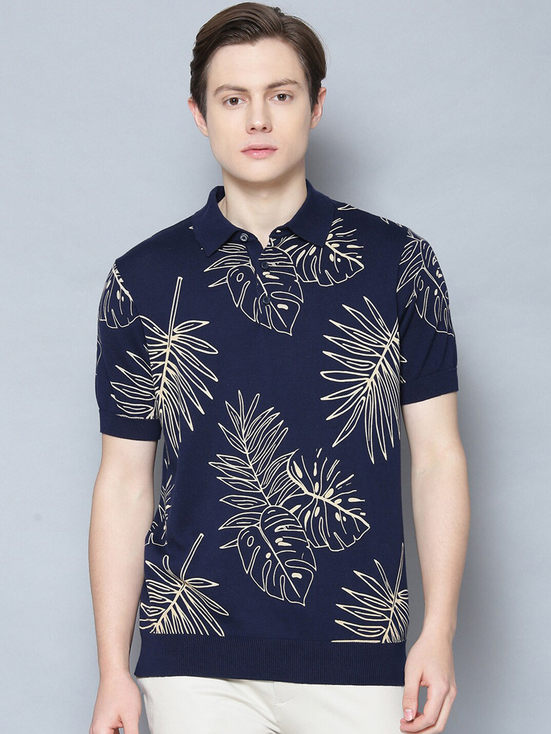 

BEN SHERMAN Men Navy Blue Printed Polo Collar Pure Cotton T-shirt