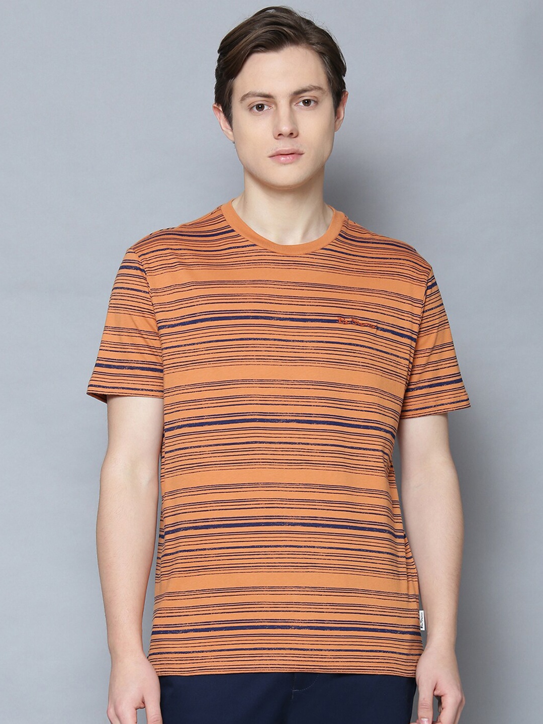

BEN SHERMAN Men Orange Navy Blue Striped Round Neck Pure Cotton T-shirt