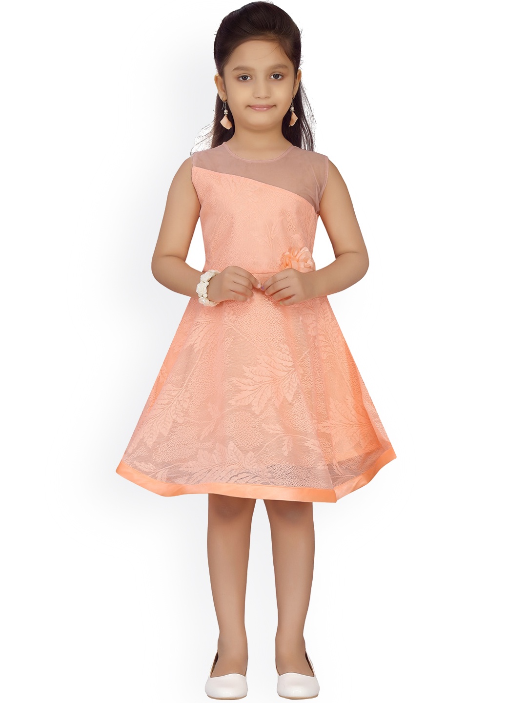 

Aarika Girls Peach-Coloured Self Design Fit and Flare Dress