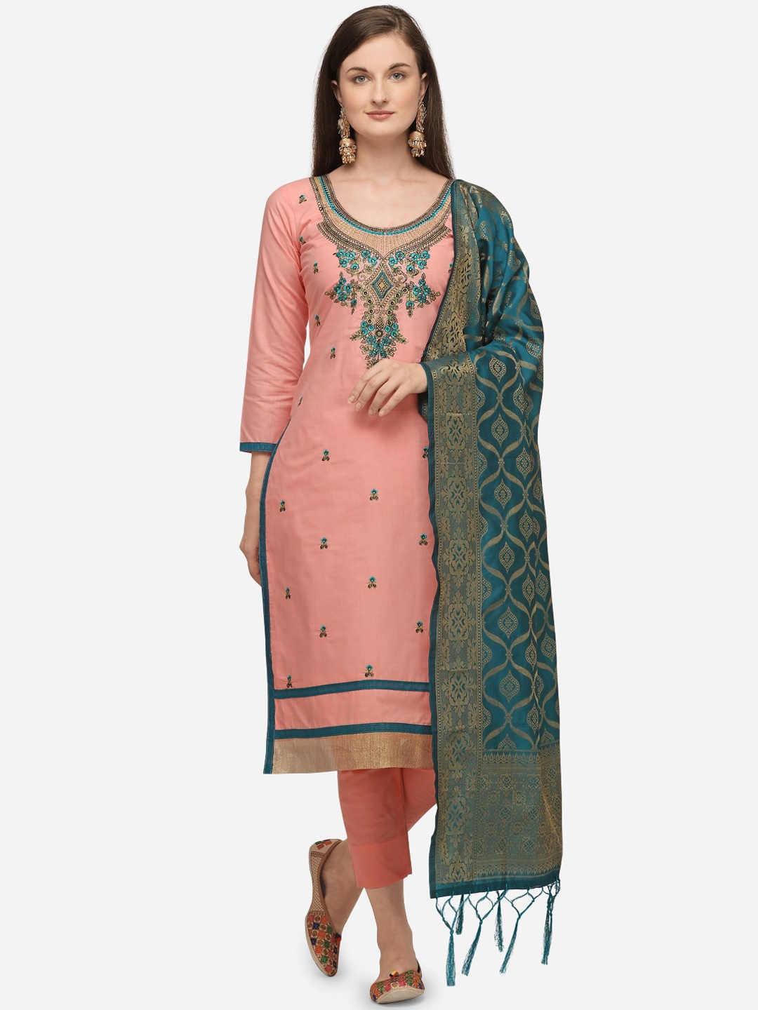 

Ethnic Junction Women Pink & Blue Cotton Blend Unstitched Dress Material