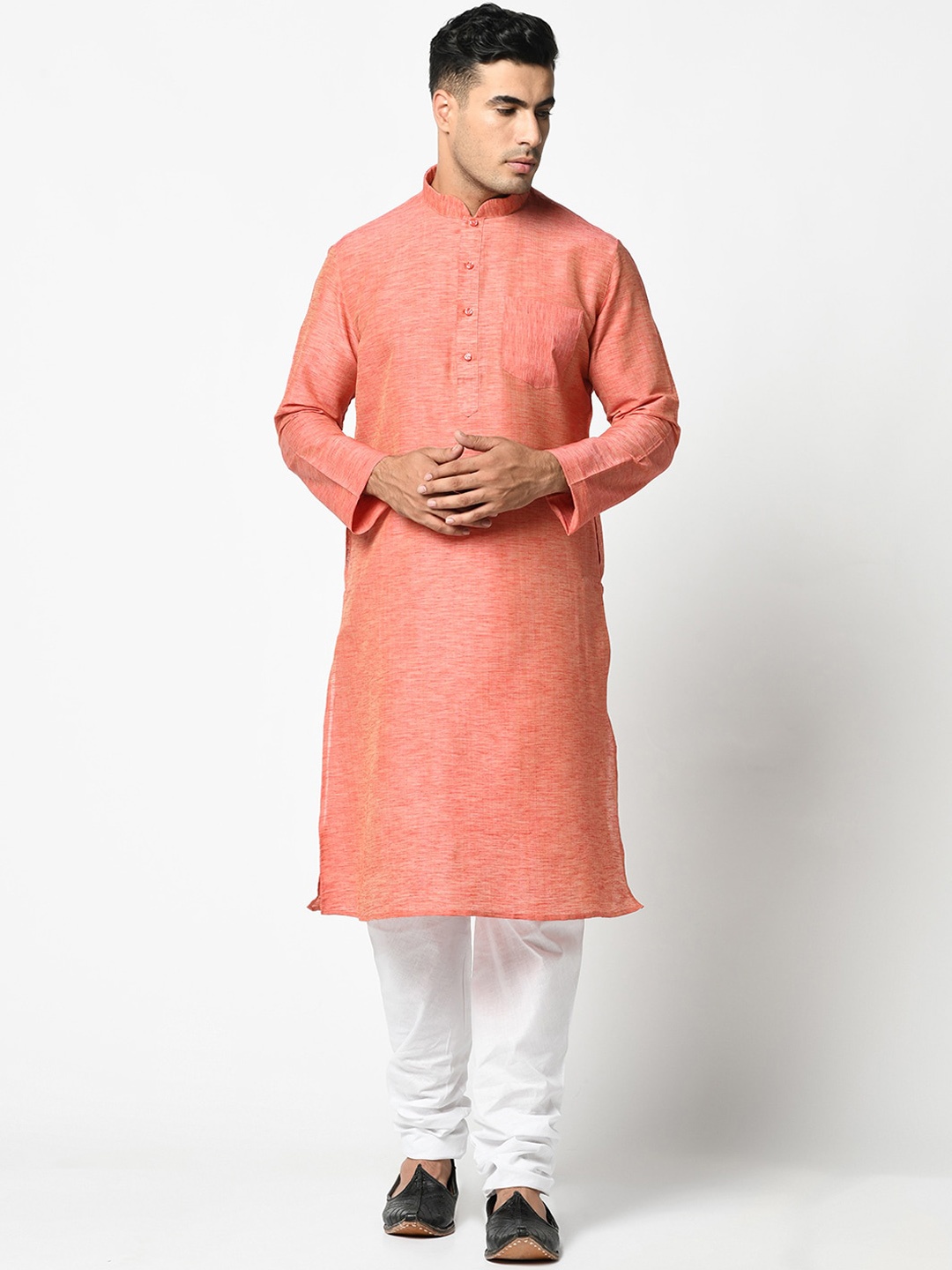 

LAMAAYA Men Pink & Off-White Self Design Kurta with Pyjamas