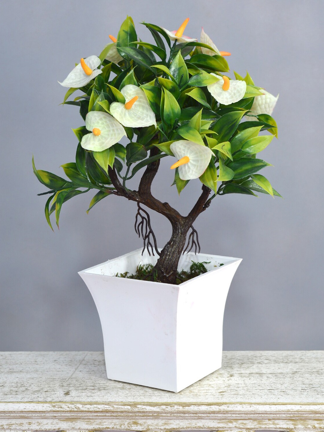 

fancy mart Green & White Artificial Calla Lilly Bonsai With Ruby Pot