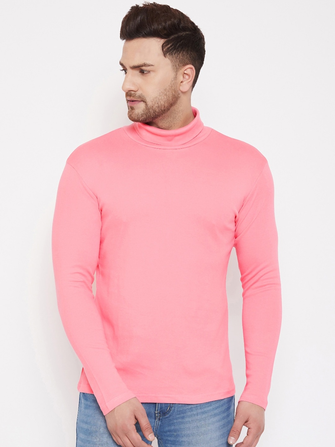

Hypernation Men Pink Solid High Neck Pure Cotton T-shirt