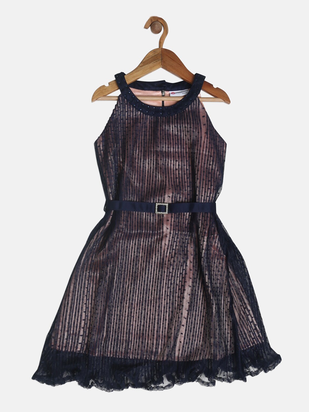 

Peppermint Girls Navy Blue Self Design Fit and Flare Dress