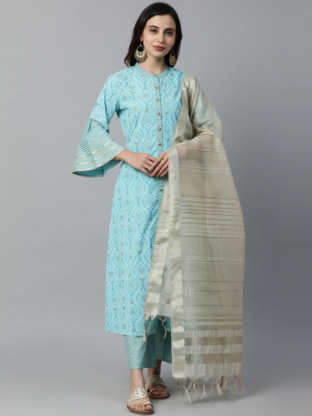 

Indo Era Women Blue & Gold-Toned Printed Kurta with Trousers & Dupatta