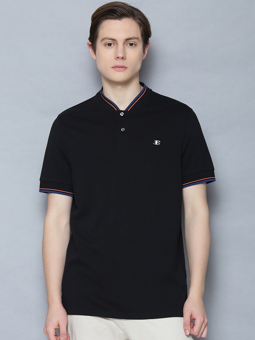 

BEN SHERMAN Men Black Solid Mandarin Collar Organic Cotton T-shirt