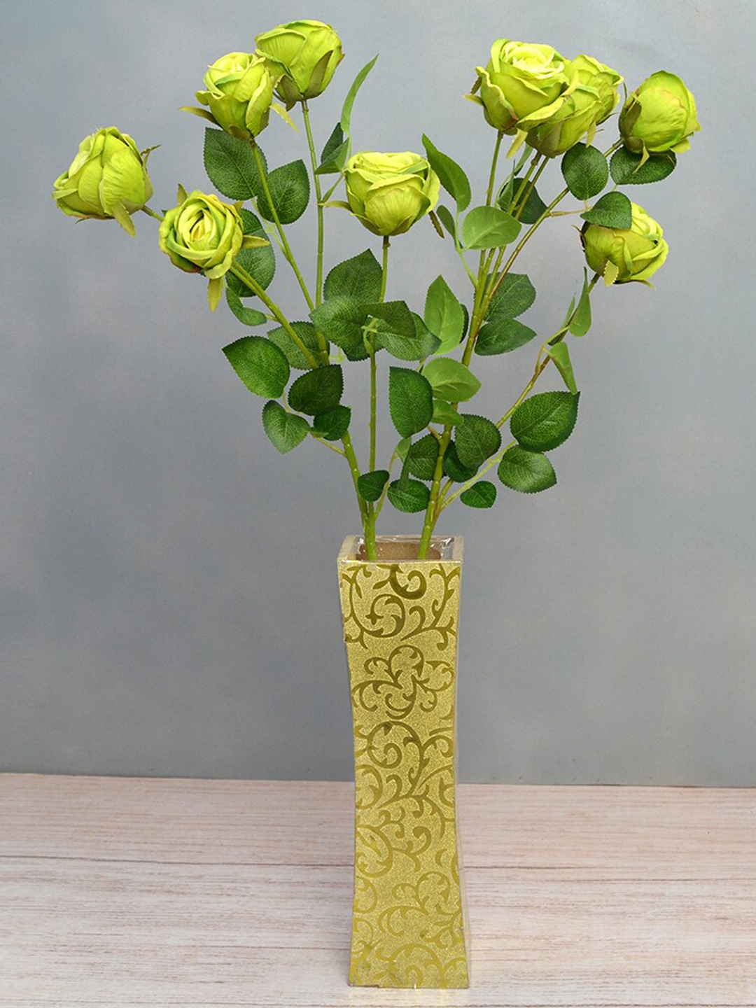Fancy Mart Set Of 2 Yellow & Green Artificial Bengal Rose Flower Sticks