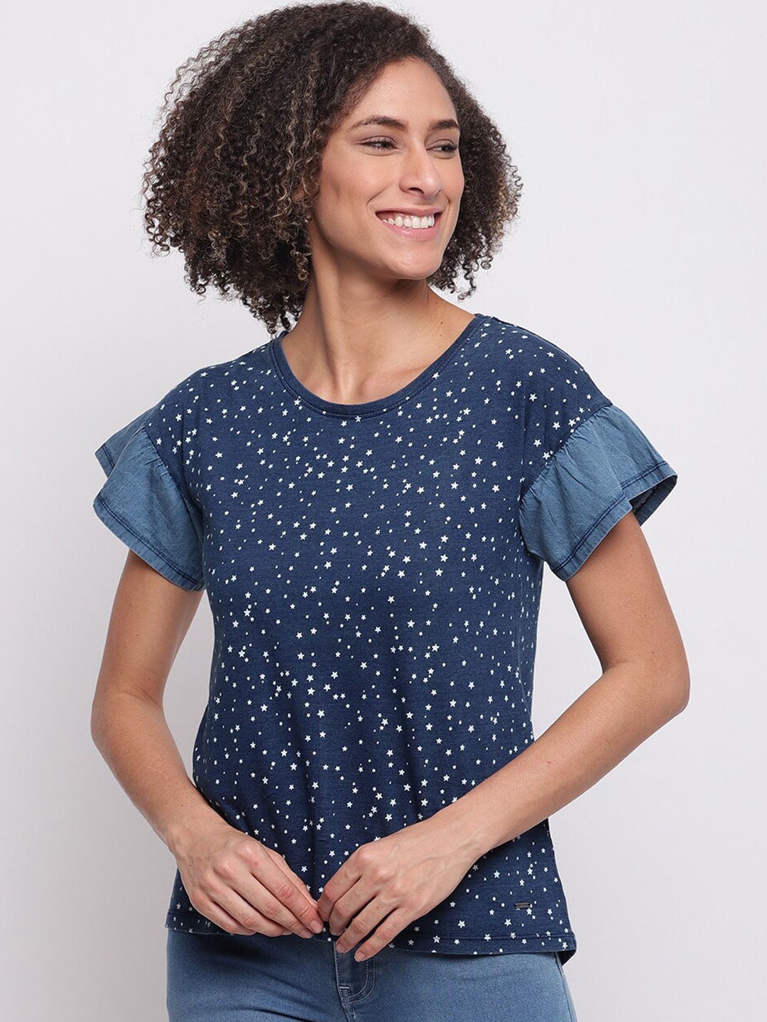 

Pepe Jeans Women Blue Printed Round Neck T-shirt