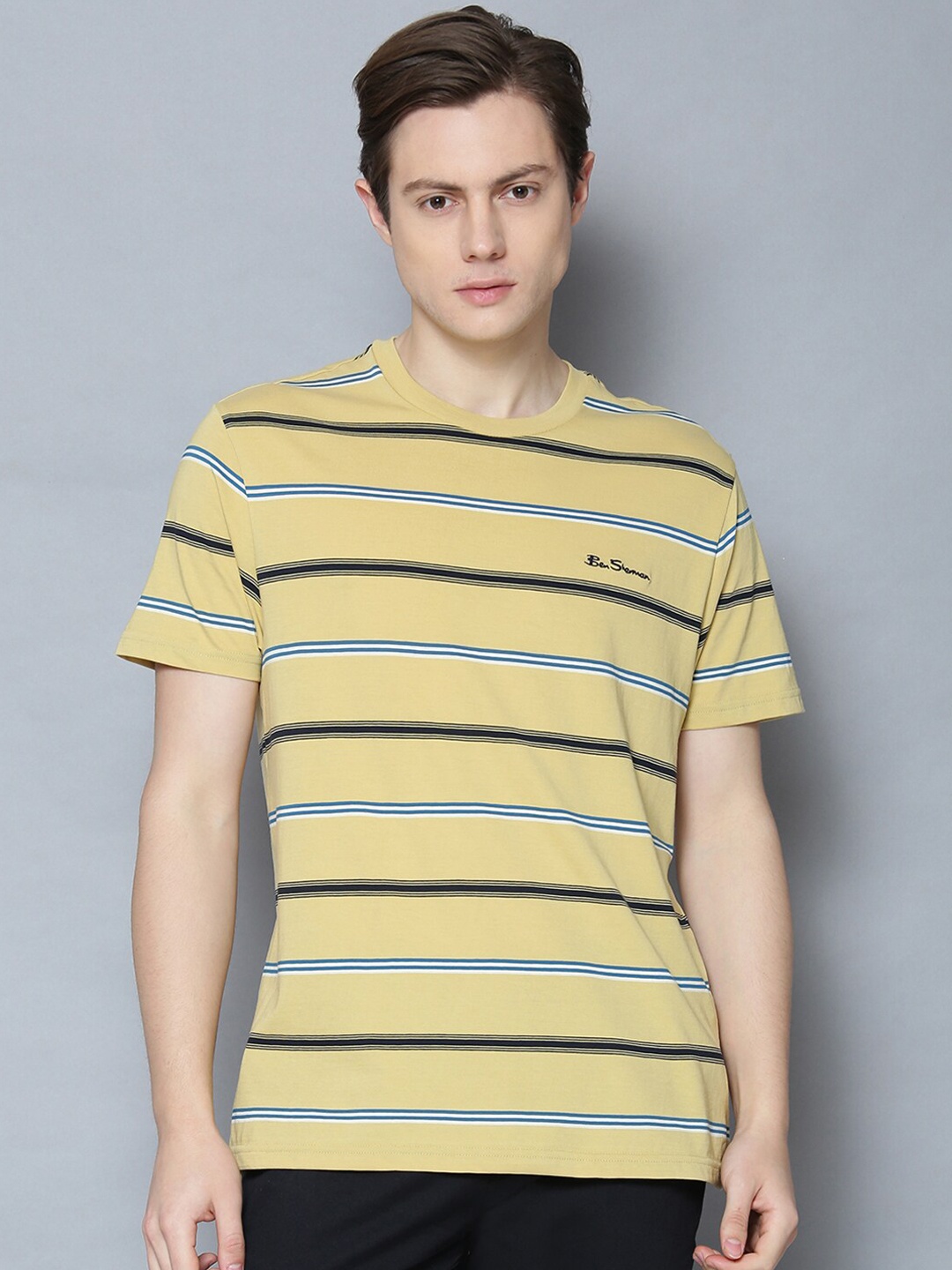 

BEN SHERMAN Men Yellow Blue Striped Round Neck Cotton Pure Cotton T-shirt