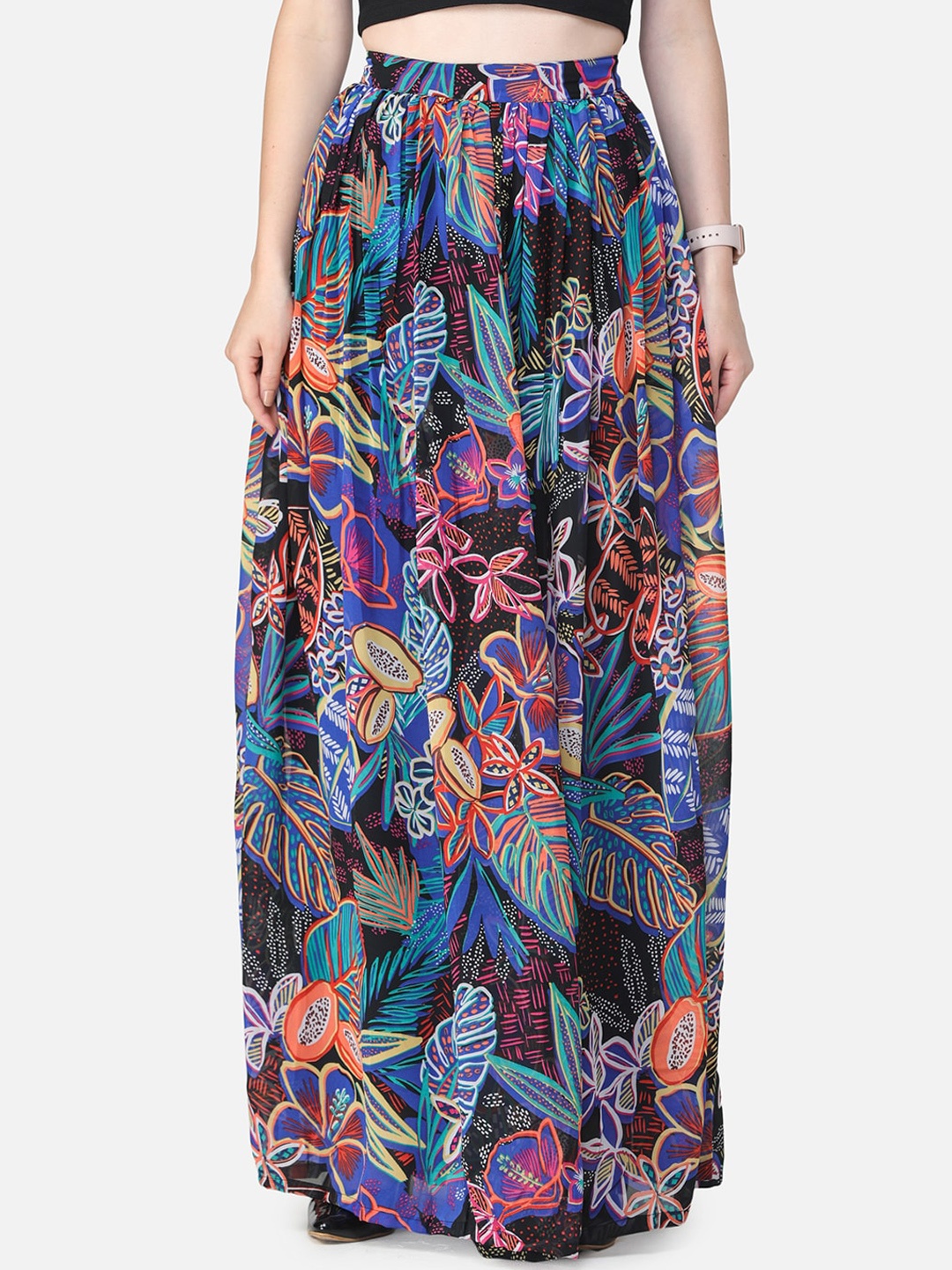 

SCORPIUS Women Black & Blue Floral Printed Maxi Flared Skirt