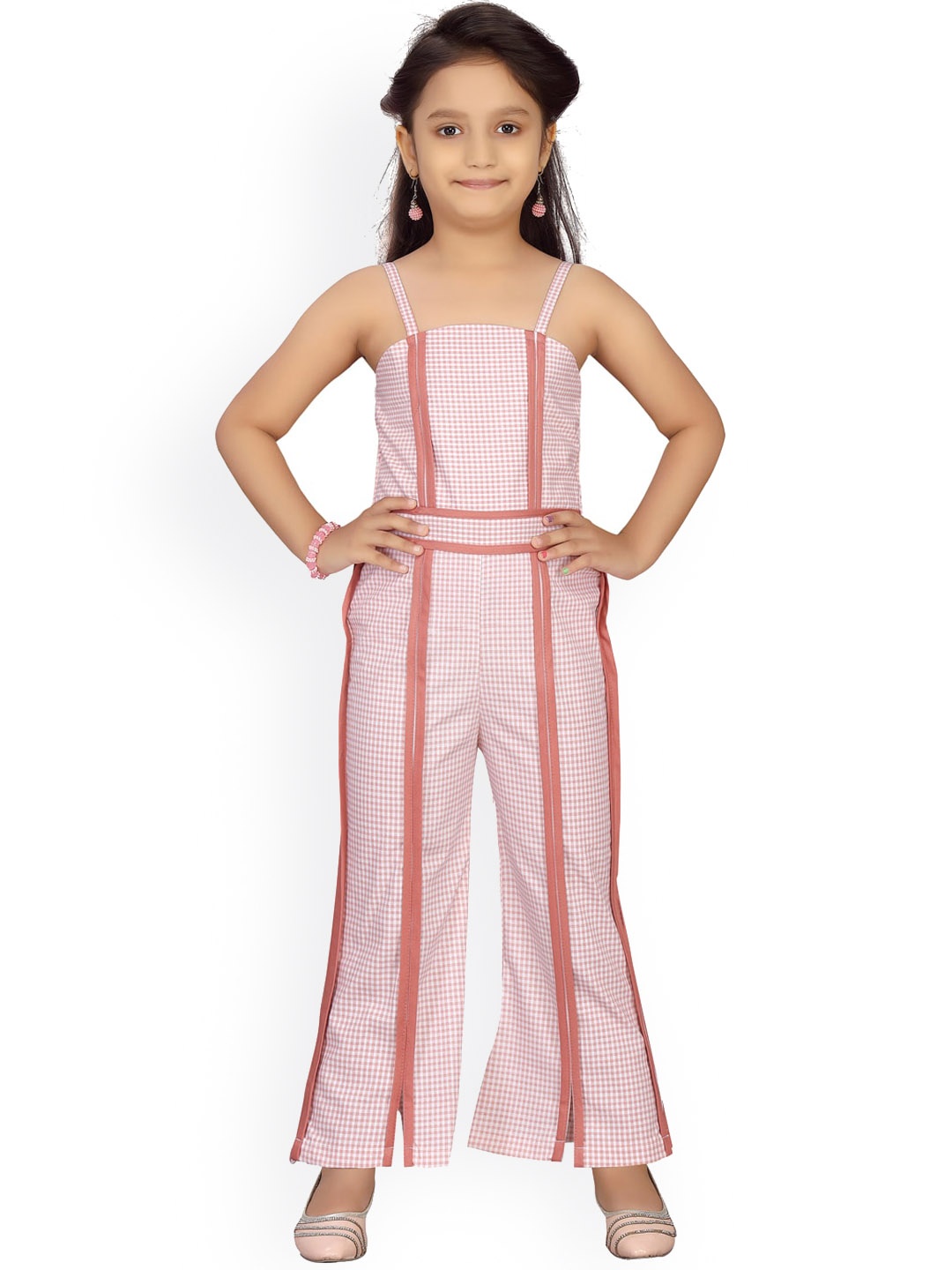 

Aarika Girls Peach-Coloured & White Checked Basic Jumpsuit