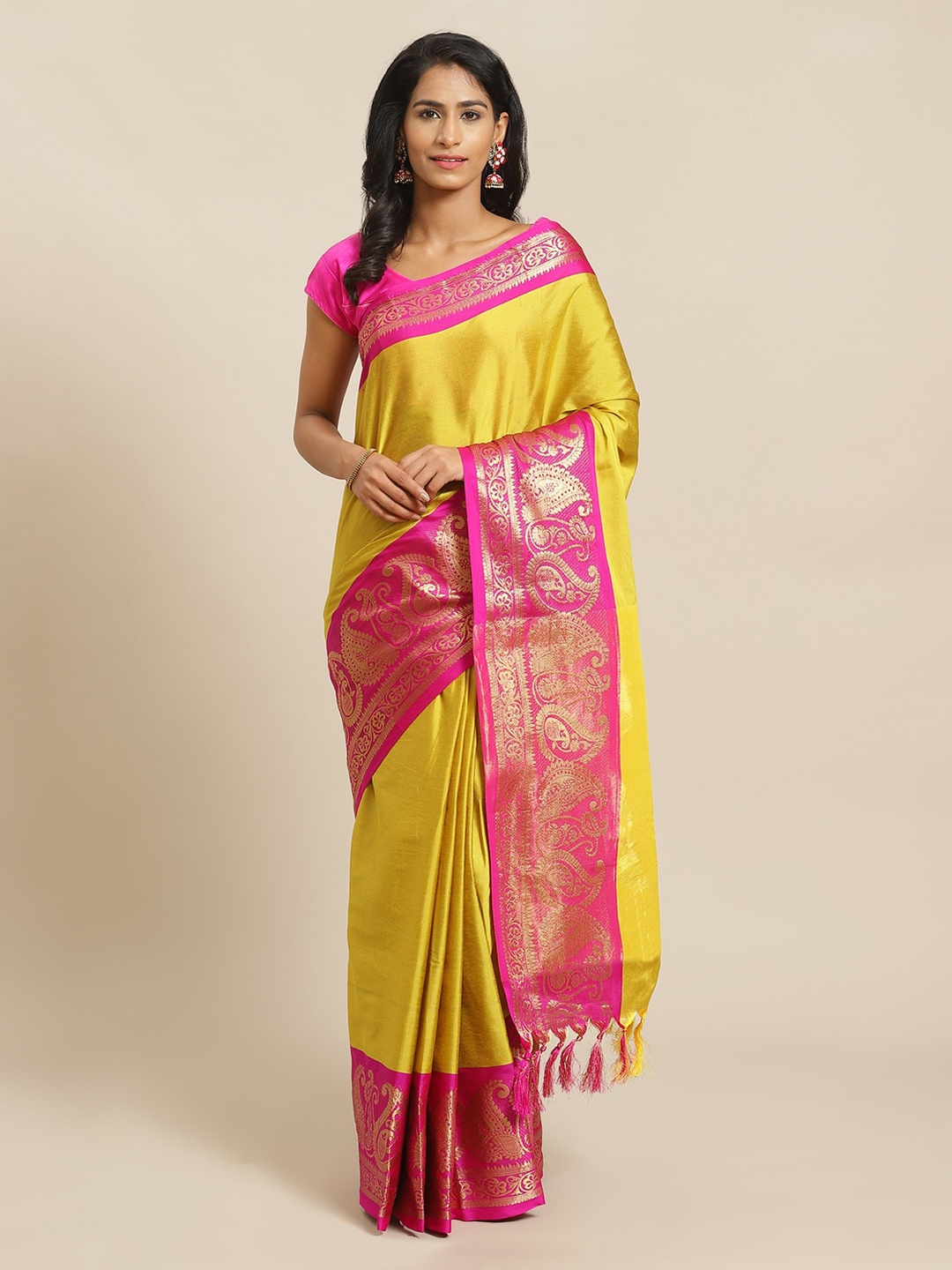

Mitera Yellow & Pink Silk Blend Solid Banarasi Saree
