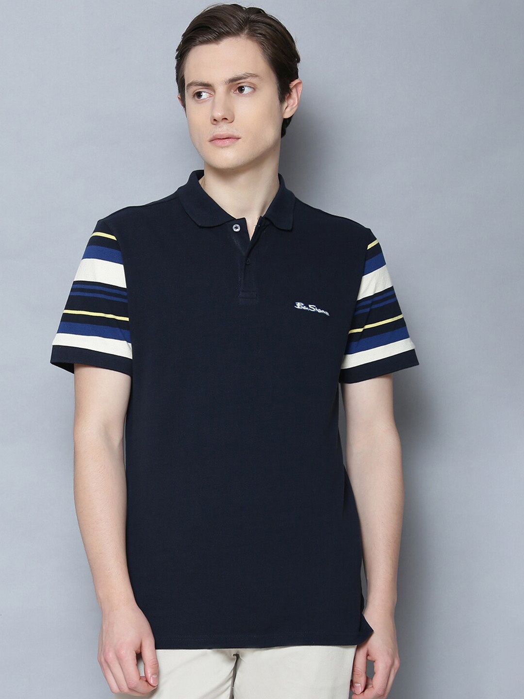 

BEN SHERMAN Men Navy Blue Striped Polo Collar T-shirt