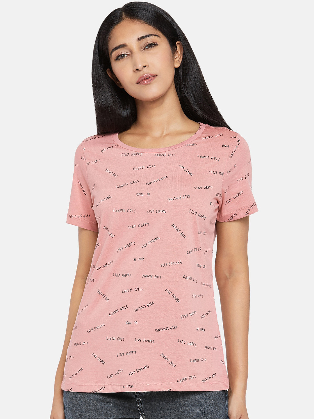 

Honey by Pantaloons Women Pink Printed Round Neck Pure Cotton T-shirt